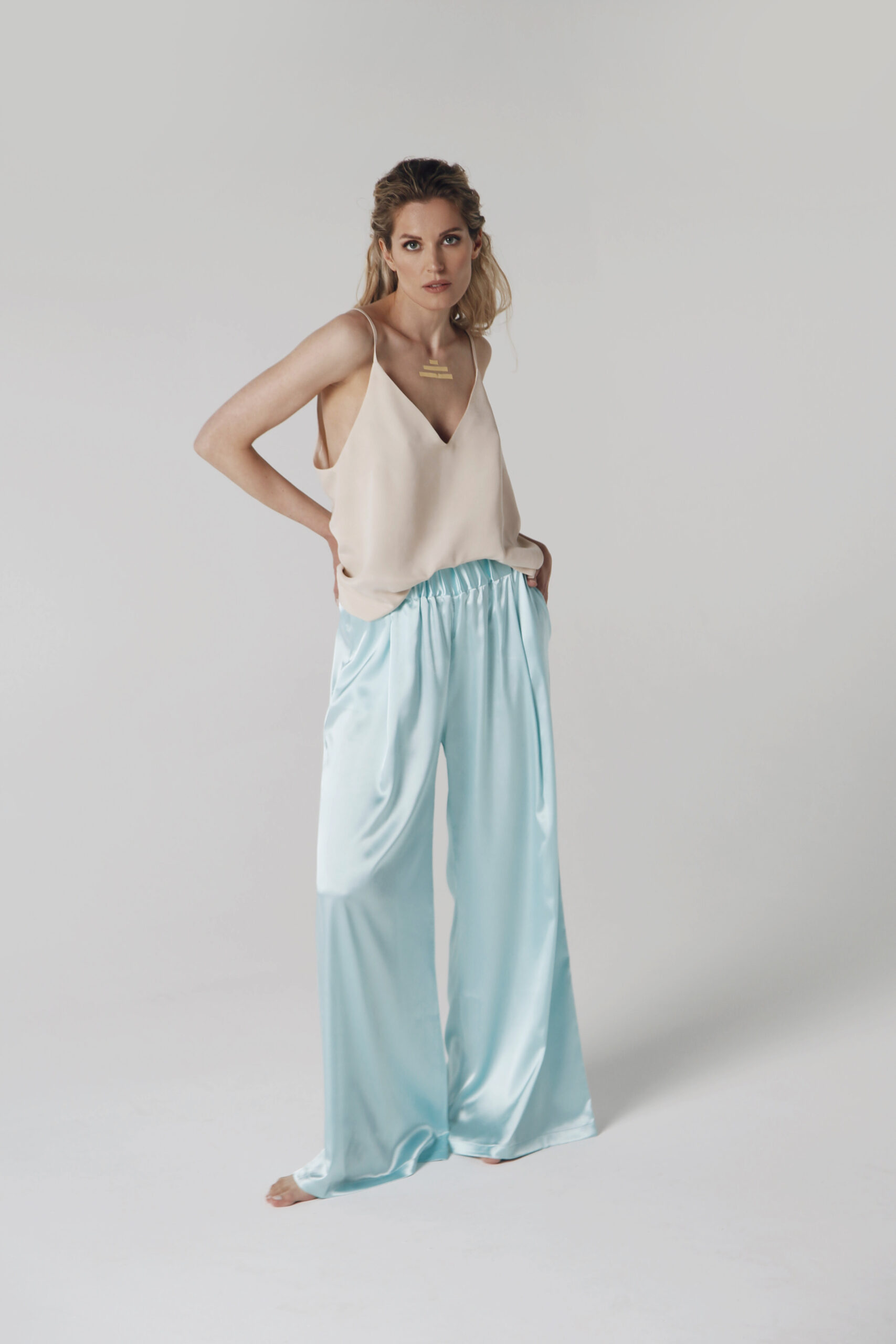 blue satin pants