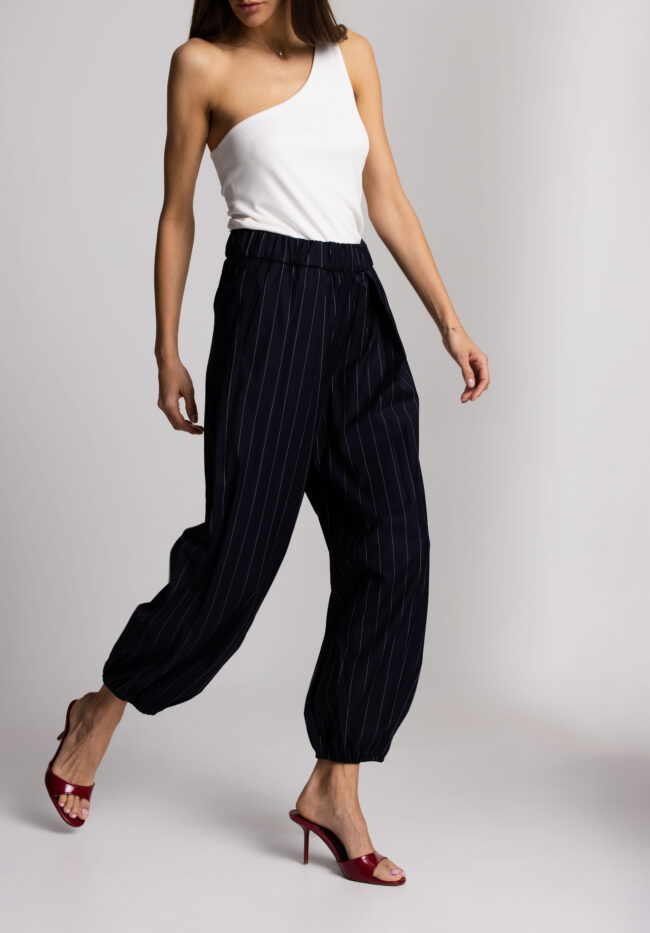 navy blue balloon trousers w/white stripes